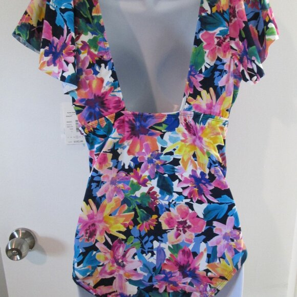 Swim Solutions Garden Dreams Flutter-Sleeve Swimsuit NWT Sz 14 - Picture 8 of 12